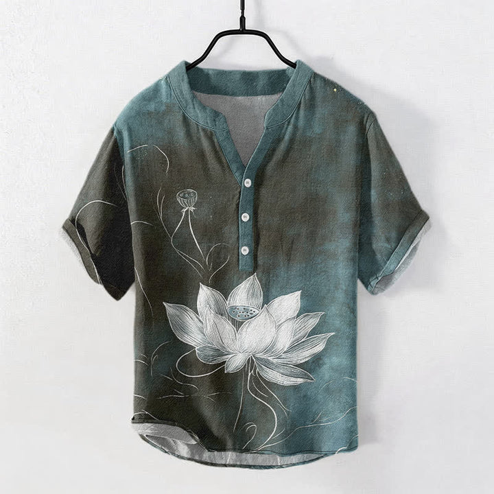Buddha Stones コットンロータス柄メンズ半袖ハーフボタンシャツ - ライトシーグリーン - US/UK/AU50、EU60（5XL） - image 5