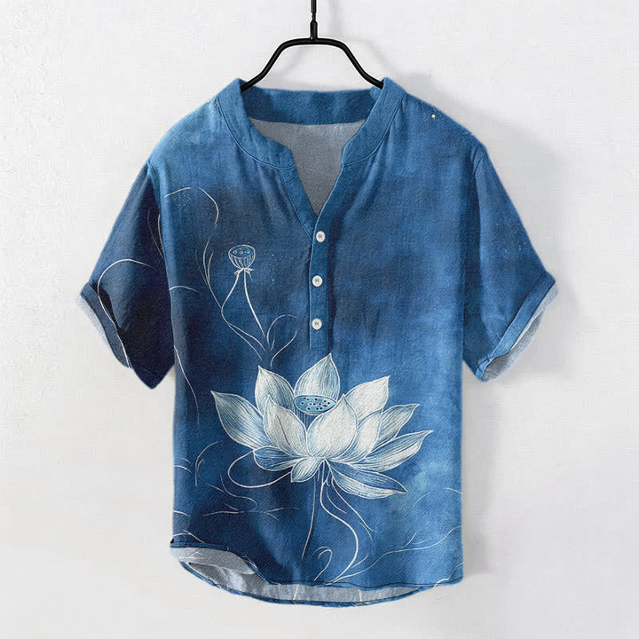 Buddha Stones コットンロータス柄メンズ半袖ハーフボタンシャツ - スチールブルー - US/UK/AU50、EU60（5XL） - image 7