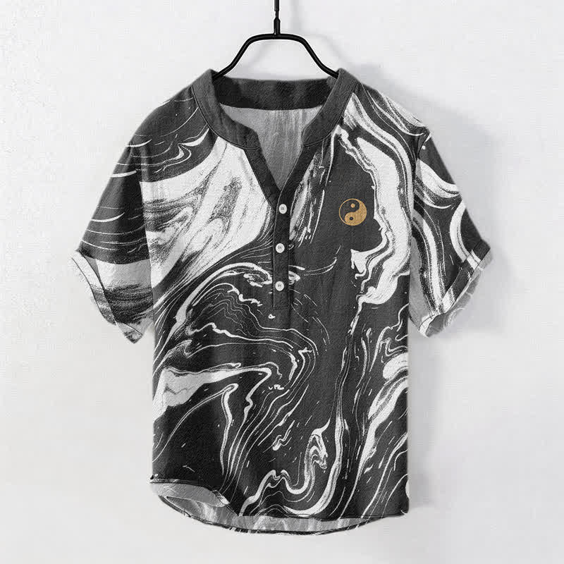 Buddha Stones コットン製太極拳柄メンズ半袖ハーフボタンシャツ - 黒 - US/UK/AU50、EU60（5XL） - image 0
