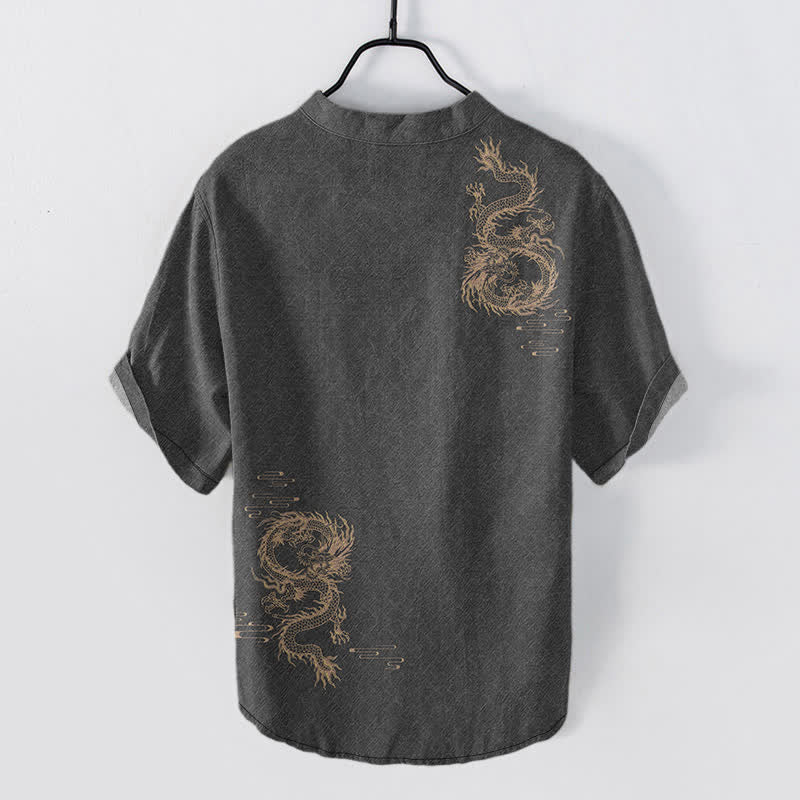 Buddha Stones コットンドラゴン メンズ 半袖ハーフボタンシャツ - image 1