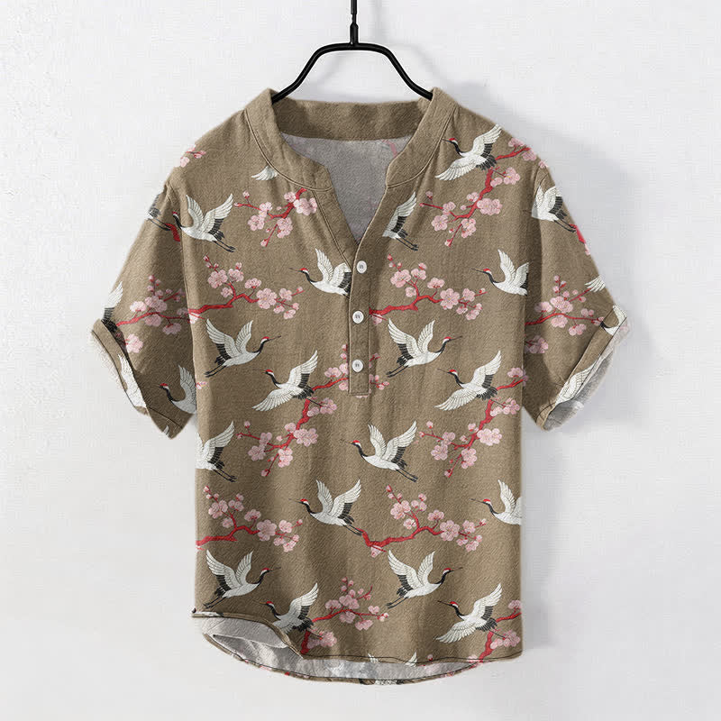 Buddha Stones 鶴梅花柄 メンズ ヘンリーネック 半袖シャツ - タン - US/UK/AU50、EU60（5XL） - image 5