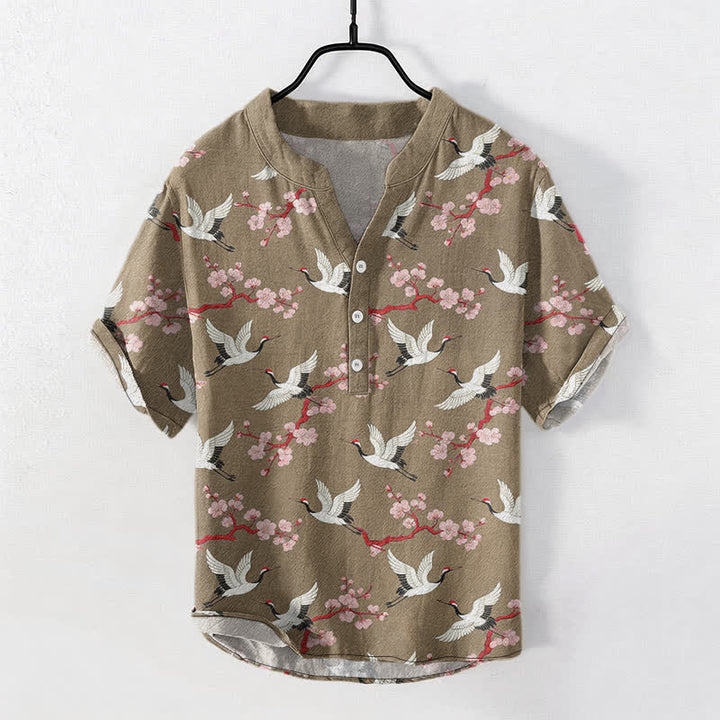 Buddha Stones 鶴梅花柄 メンズ ヘンリーネック 半袖シャツ - タン - US/UK/AU50、EU60（5XL） - image 5