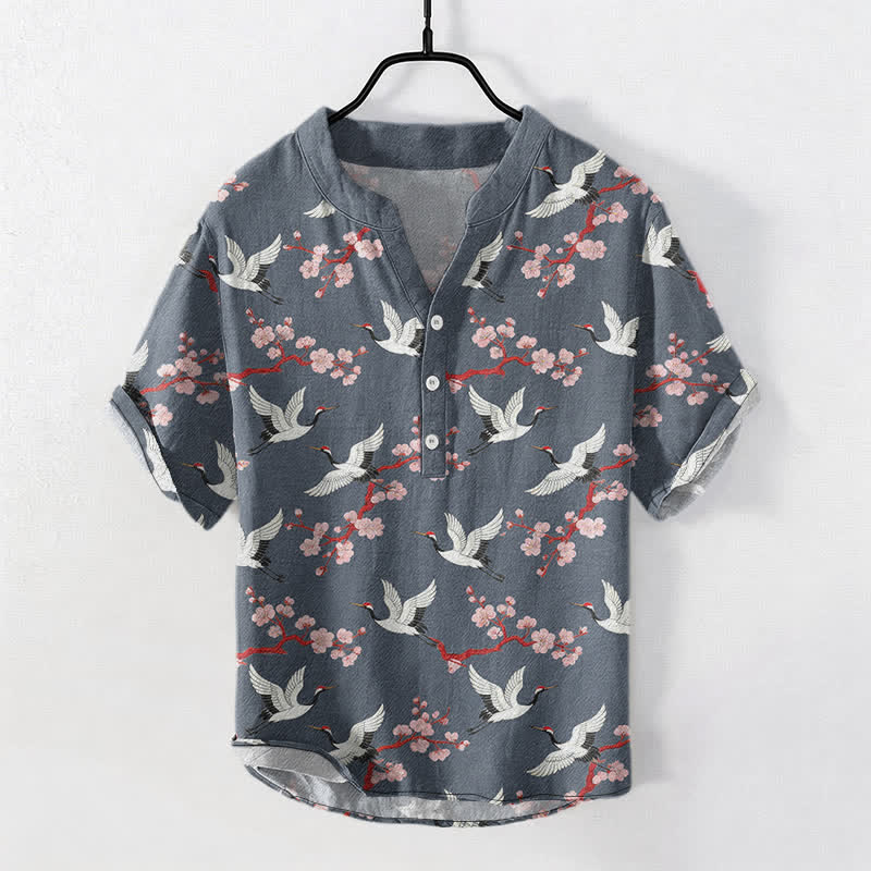 Buddha Stones 鶴梅花柄 メンズ ヘンリーネック 半袖シャツ - スレートグレー - US/UK/AU50、EU60（5XL） - image 7