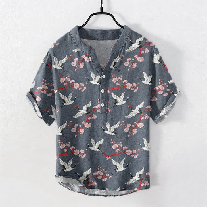 Buddha Stones 鶴梅花柄 メンズ ヘンリーネック 半袖シャツ - スレートグレー - US/UK/AU50、EU60（5XL） - image 7