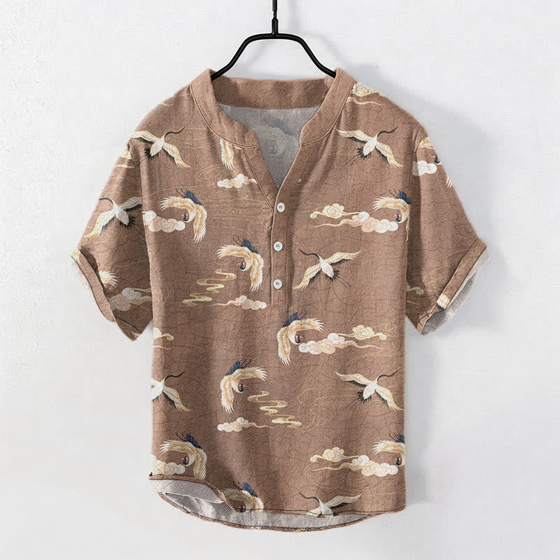 Buddha Stones フライングバーズクラウド メンズ半袖ハーフボタンシャツ - バーリーウッド - US/UK/AU50、EU60（5XL） - image 0
