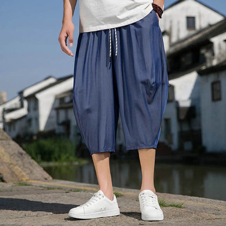 Buddha Stones 夏用、ウエストゴム、ドローストリング付き、無地、ポケット付きメンズハーフテーパードパンツ - image 7