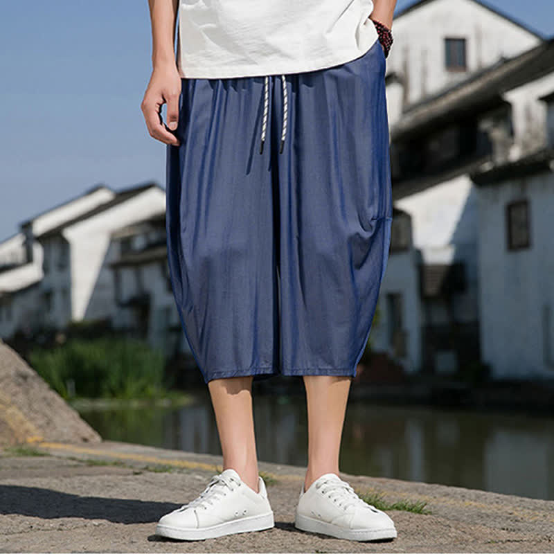Buddha Stones 夏用、ウエストゴム、ドローストリング付き、無地、ポケット付きメンズハーフテーパードパンツ - image 1