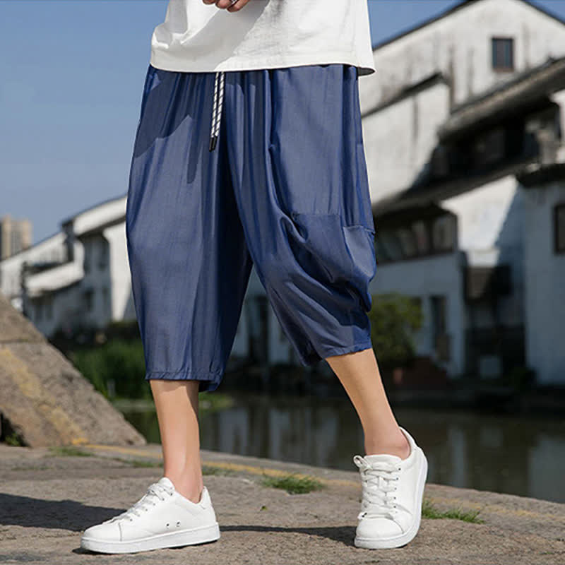 Buddha Stones 夏用、ウエストゴム、ドローストリング付き、無地、ポケット付きメンズハーフテーパードパンツ - image 4