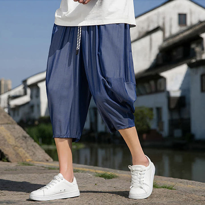 Buddha Stones 夏用、ウエストゴム、ドローストリング付き、無地、ポケット付きメンズハーフテーパードパンツ - image 4