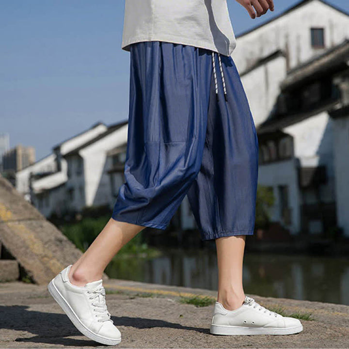Buddha Stones 夏用、ウエストゴム、ドローストリング付き、無地、ポケット付きメンズハーフテーパードパンツ - image 3