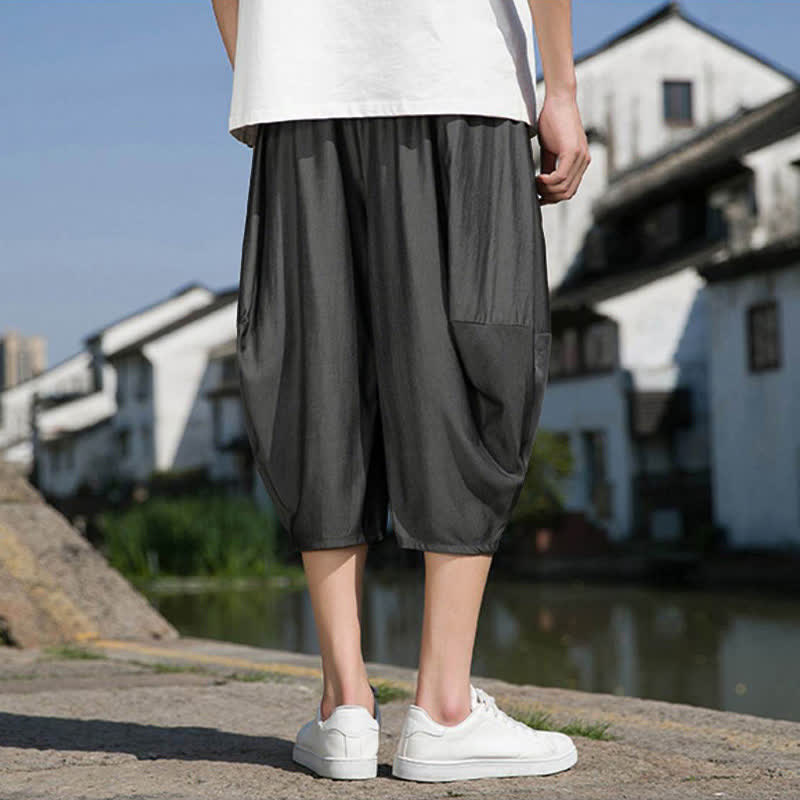 Buddha Stones 夏用、ウエストゴム、ドローストリング付き、無地、ポケット付きメンズハーフテーパードパンツ - image 12