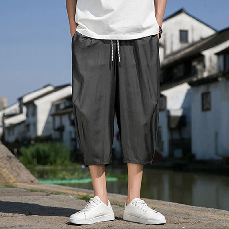 Buddha Stones 夏用、ウエストゴム、ドローストリング付き、無地、ポケット付きメンズハーフテーパードパンツ - image 11