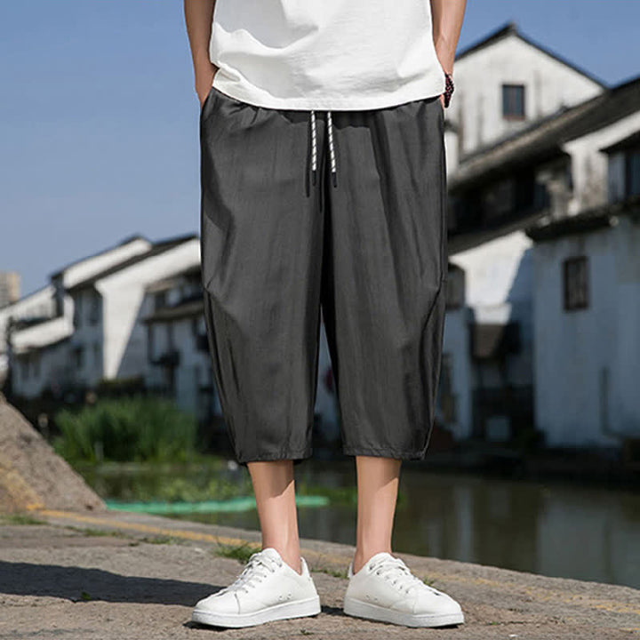 Buddha Stones 夏用、ウエストゴム、ドローストリング付き、無地、ポケット付きメンズハーフテーパードパンツ - image 11