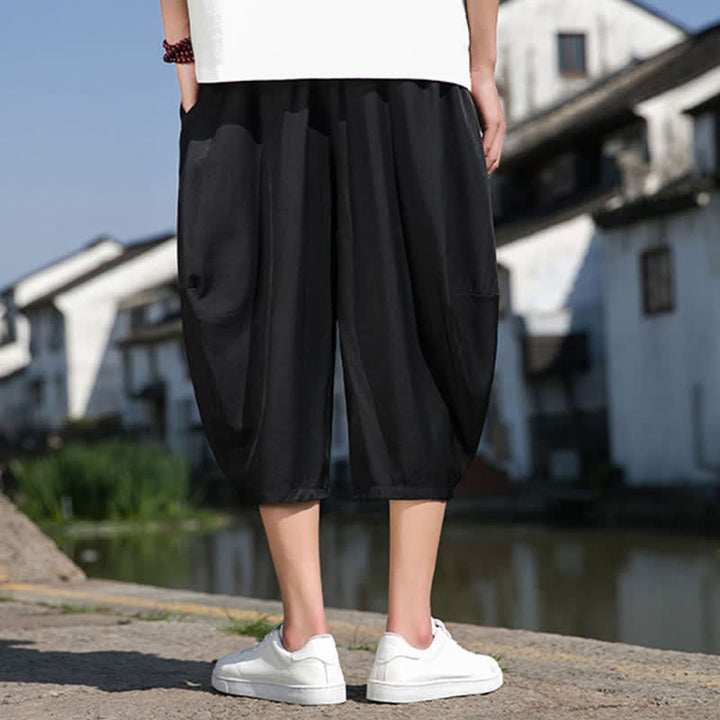 Buddha Stones 夏用、ウエストゴム、ドローストリング付き、無地、ポケット付きメンズハーフテーパードパンツ - image 24