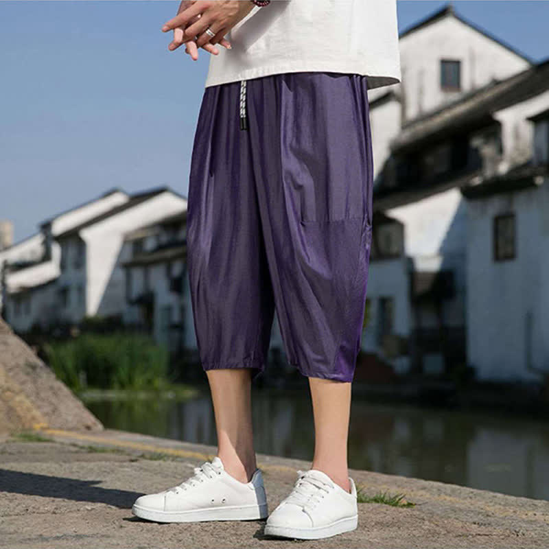 Buddha Stones 夏用、ウエストゴム、ドローストリング付き、無地、ポケット付きメンズハーフテーパードパンツ - image 33