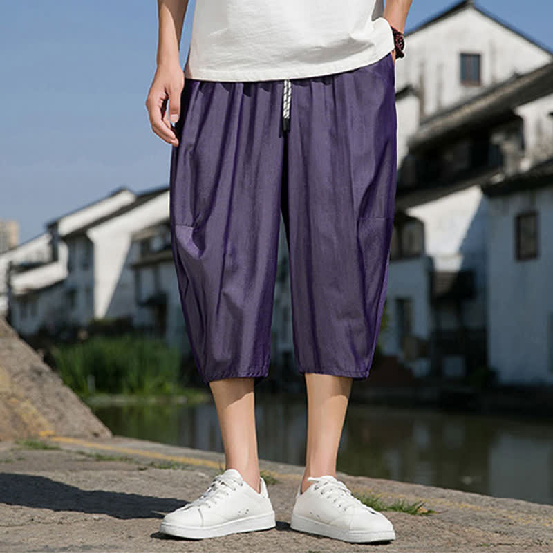Buddha Stones 夏用、ウエストゴム、ドローストリング付き、無地、ポケット付きメンズハーフテーパードパンツ - image 29