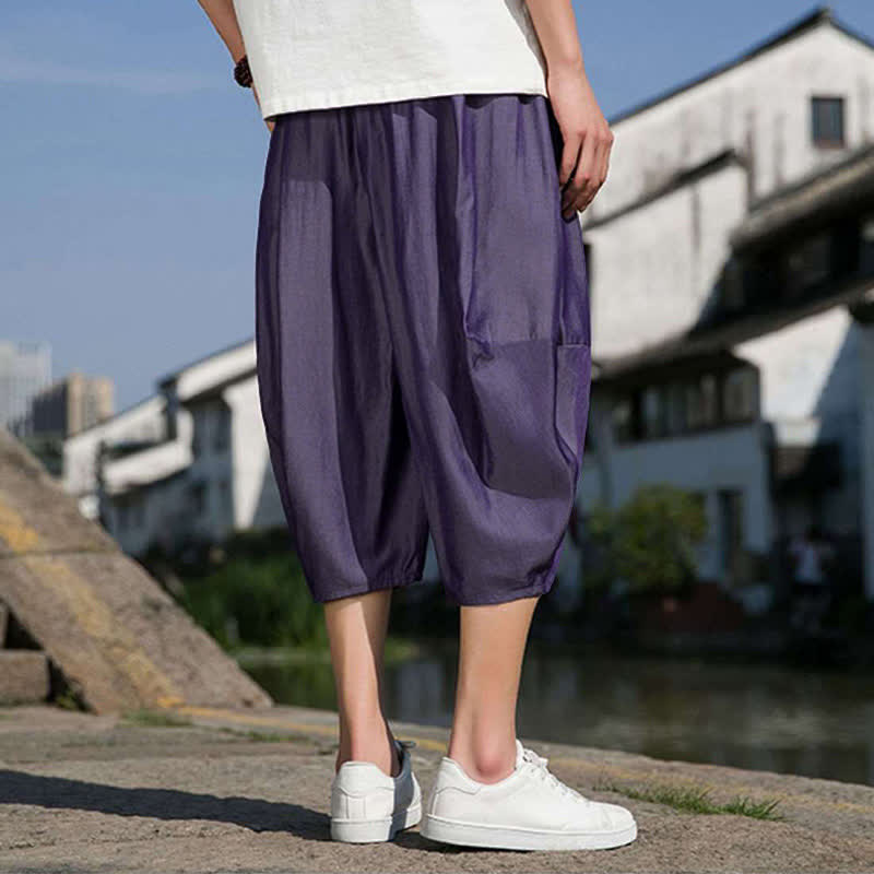 Buddha Stones 夏用、ウエストゴム、ドローストリング付き、無地、ポケット付きメンズハーフテーパードパンツ - image 32