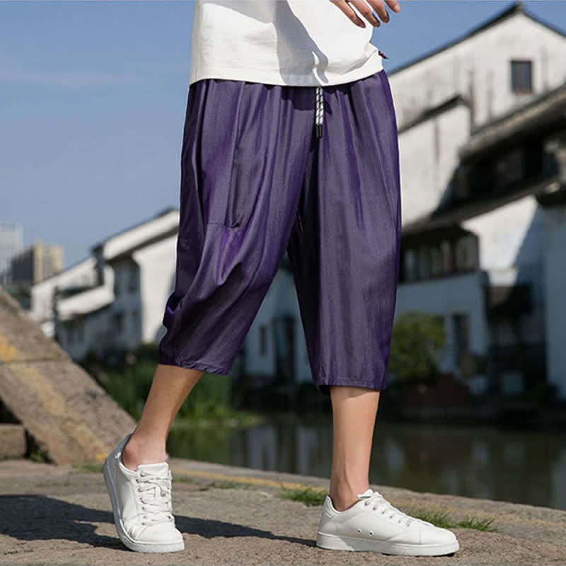 Buddha Stones 夏用、ウエストゴム、ドローストリング付き、無地、ポケット付きメンズハーフテーパードパンツ - image 30