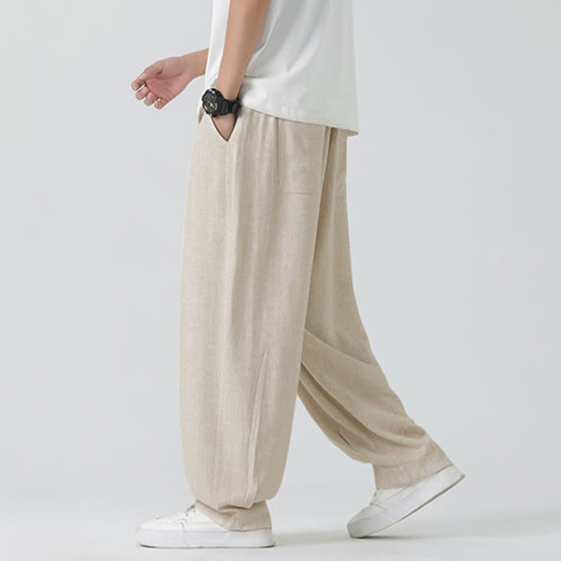 Buddha Stones 夏用ドローストリング付きアンクル丈無地メンズストレートレッグパンツ - image 2