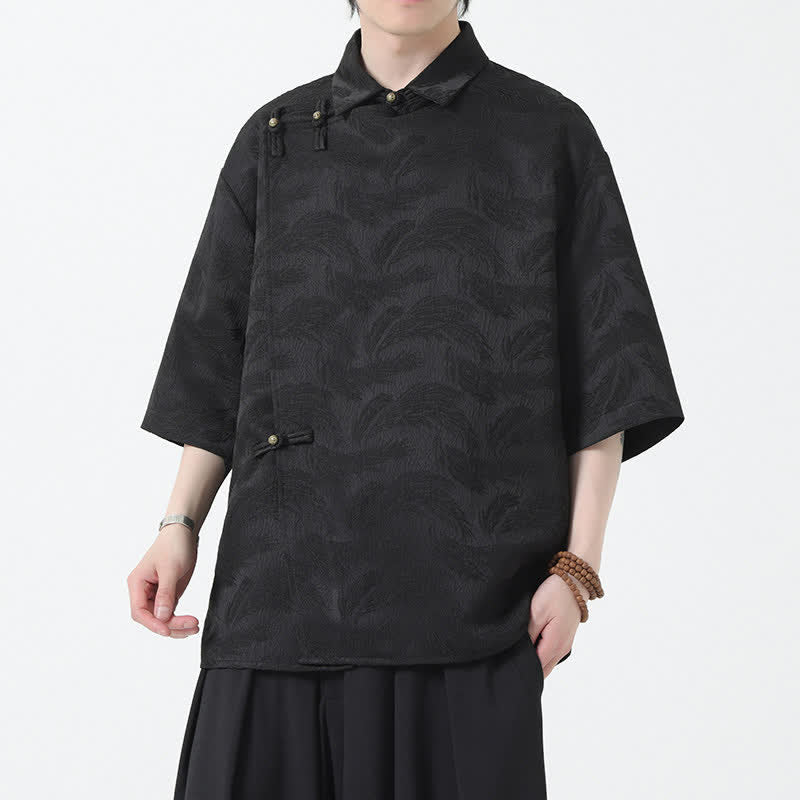 Buddha Stones 夏用マンダリンカラーテクスチャードジャカードメンズ肘袖シャツ - image 0