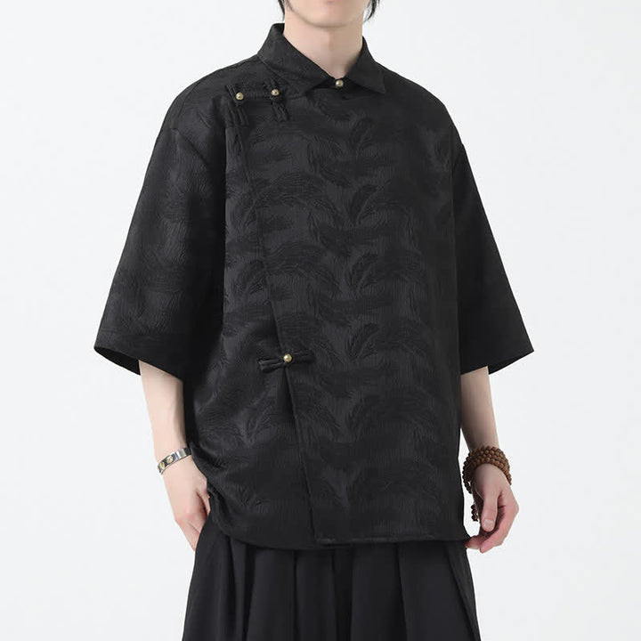 Buddha Stones 夏用マンダリンカラーテクスチャードジャカードメンズ肘袖シャツ - image 1