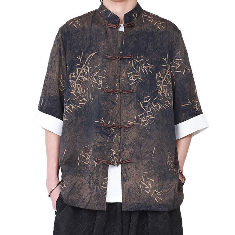 Buddha Stones 夏物竹柄マンダリンカラーカエルボタンメンズ肘丈袖シャツ - image 5