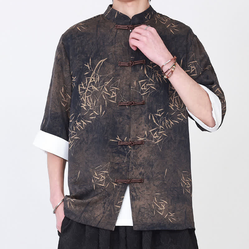 Buddha Stones 夏物竹柄マンダリンカラーカエルボタンメンズ肘丈袖シャツ - image 2