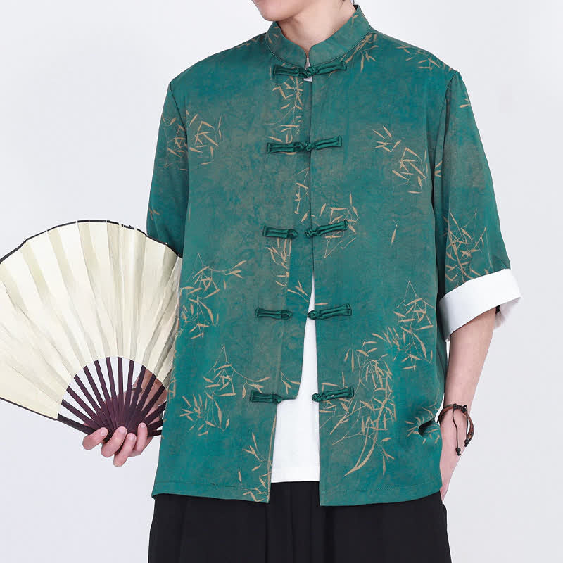 Buddha Stones 夏物竹柄マンダリンカラーカエルボタンメンズ肘丈袖シャツ - カデットブルー - US/UK/AU46、 EU56 (5XL) - image 7