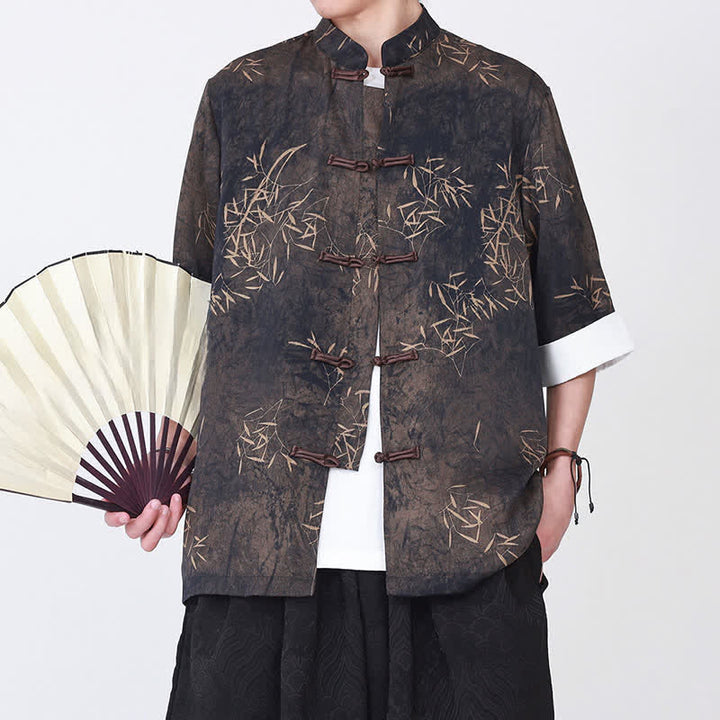 Buddha Stones 夏物竹柄マンダリンカラーカエルボタンメンズ肘丈袖シャツ - サドルブラウン - US/UK/AU46、 EU56 (5XL) - image 0