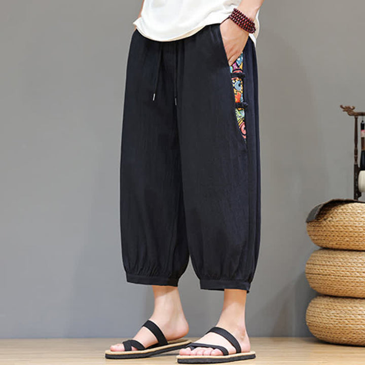 Buddha Stones 夏物 トライバル柄 サイドストライプ ドローストリングウエスト メンズ カプリ丈テーパードパンツ ポケット付き - image 13
