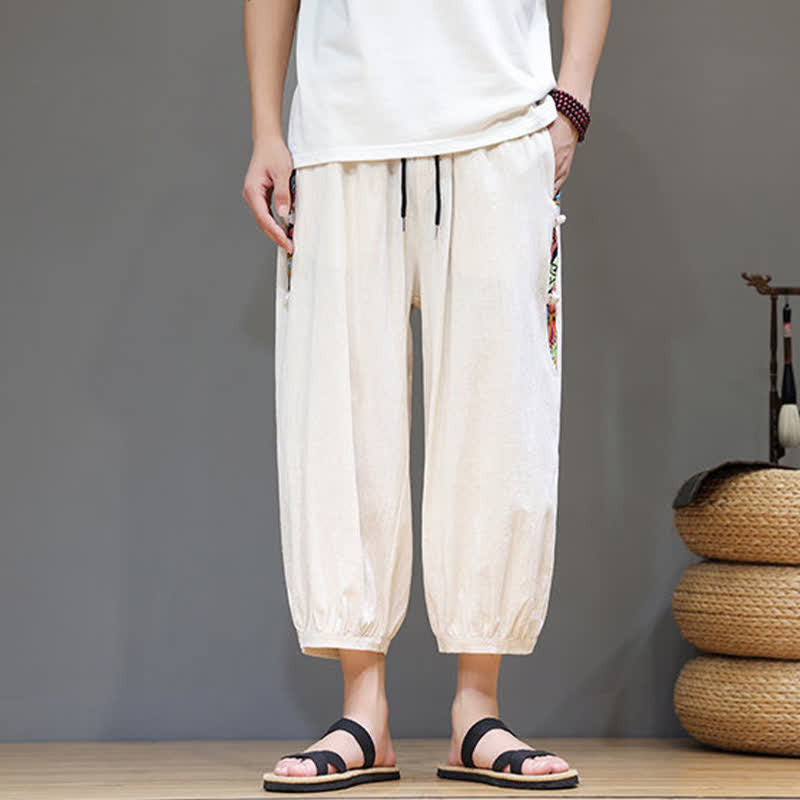 Buddha Stones 夏物 トライバル柄 サイドストライプ ドローストリングウエスト メンズ カプリ丈テーパードパンツ ポケット付き - image 1