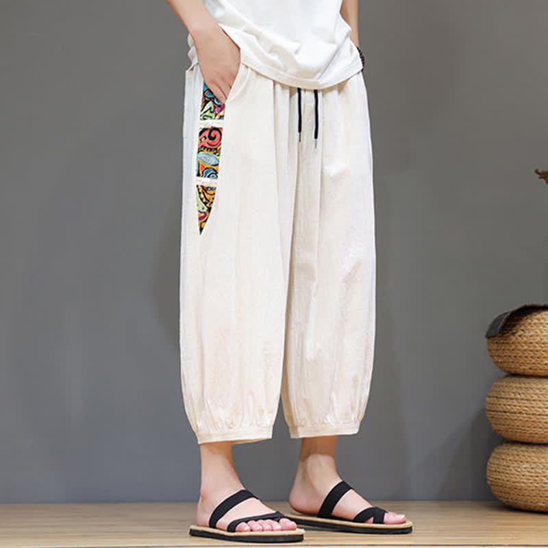 Buddha Stones 夏物 トライバル柄 サイドストライプ ドローストリングウエスト メンズ カプリ丈テーパードパンツ ポケット付き - image 2