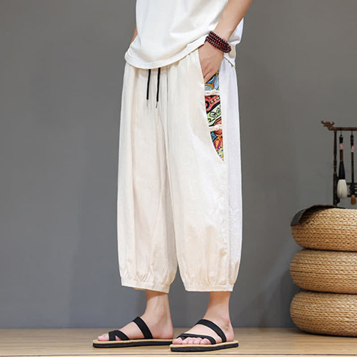 Buddha Stones 夏物 トライバル柄 サイドストライプ ドローストリングウエスト メンズ カプリ丈テーパードパンツ ポケット付き - image 4