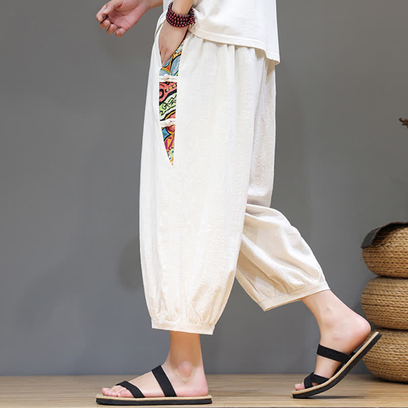 Buddha Stones 夏物 トライバル柄 サイドストライプ ドローストリングウエスト メンズ カプリ丈テーパードパンツ ポケット付き - image 5