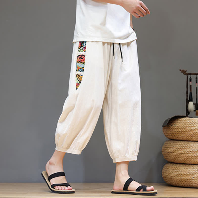 Buddha Stones 夏物 トライバル柄 サイドストライプ ドローストリングウエスト メンズ カプリ丈テーパードパンツ ポケット付き - image 3