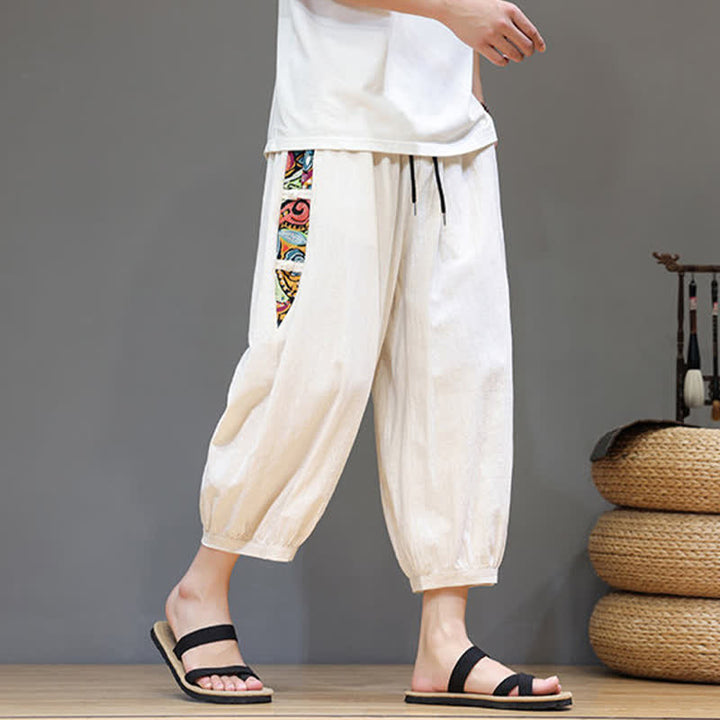 Buddha Stones 夏物 トライバル柄 サイドストライプ ドローストリングウエスト メンズ カプリ丈テーパードパンツ ポケット付き - image 3