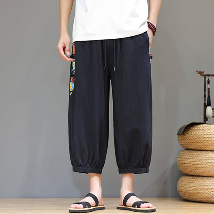 Buddha Stones 夏物 トライバル柄 サイドストライプ ドローストリングウエスト メンズ カプリ丈テーパードパンツ ポケット付き - image 10