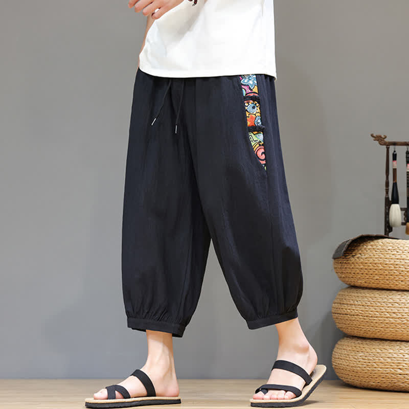 Buddha Stones 夏物 トライバル柄 サイドストライプ ドローストリングウエスト メンズ カプリ丈テーパードパンツ ポケット付き - 黒 - US/UK/AU46、 EU56 (5XL) - image 9