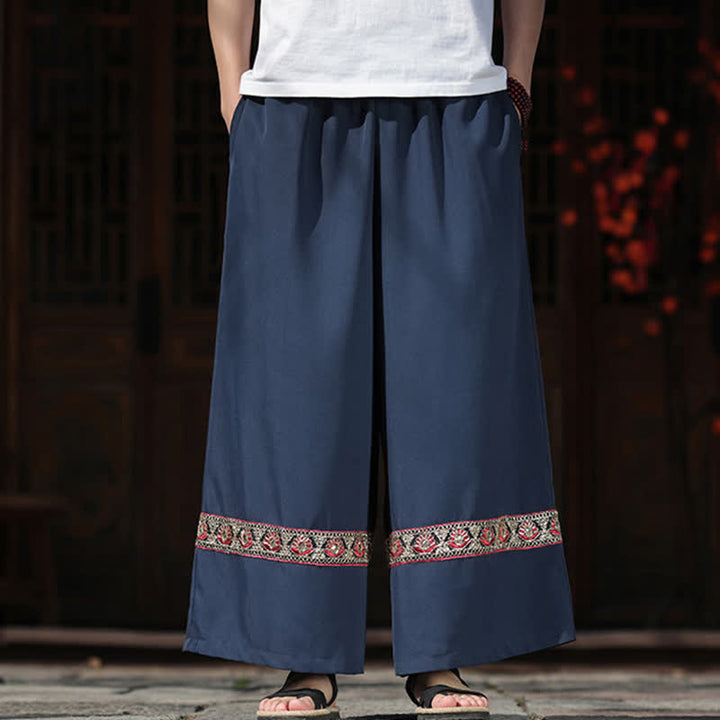 Buddha Stones 夏用コットン刺繍裾ゴムウエストメンズクロップドワイドレッグパンツ（ポケット付き） - image 1