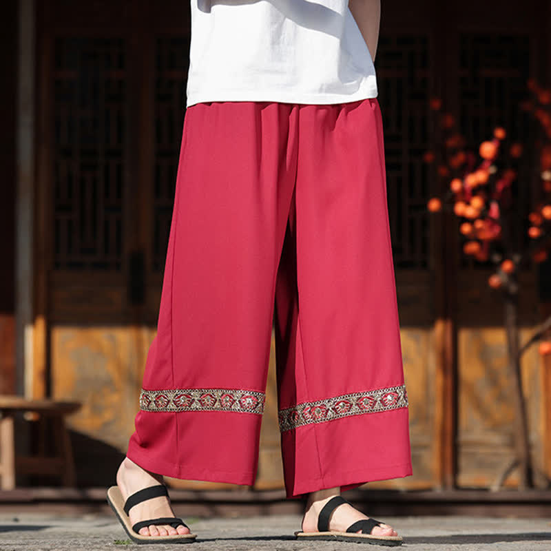 Buddha Stones 夏用コットン刺繍裾ゴムウエストメンズクロップドワイドレッグパンツ（ポケット付き） - image 11