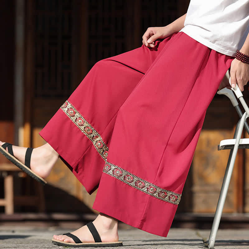 Buddha Stones 夏用コットン刺繍裾ゴムウエストメンズクロップドワイドレッグパンツ（ポケット付き） - image 10