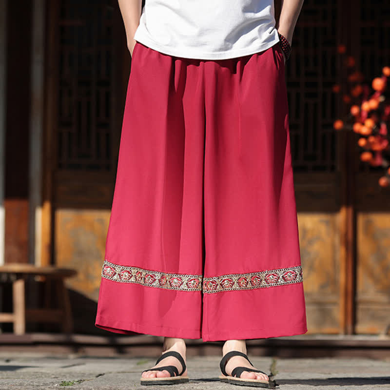 Buddha Stones 夏用コットン刺繍裾ゴムウエストメンズクロップドワイドレッグパンツ（ポケット付き） - image 8