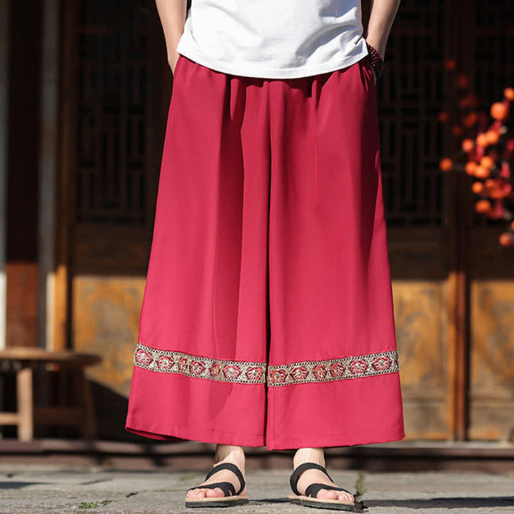 Buddha Stones 夏用コットン刺繍裾ゴムウエストメンズクロップドワイドレッグパンツ（ポケット付き） - image 8