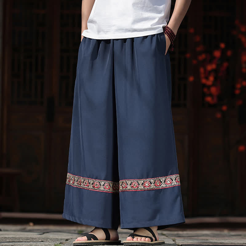 Buddha Stones 夏用コットン刺繍裾ゴムウエストメンズクロップドワイドレッグパンツ（ポケット付き） - image 4