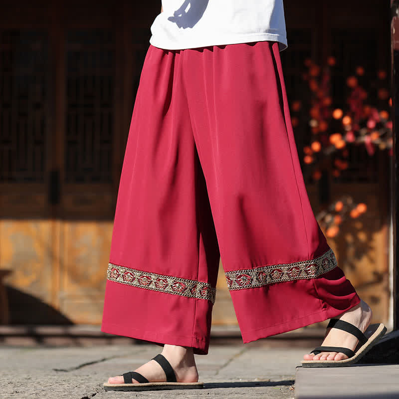 Buddha Stones 夏用コットン刺繍裾ゴムウエストメンズクロップドワイドレッグパンツ（ポケット付き） - image 6