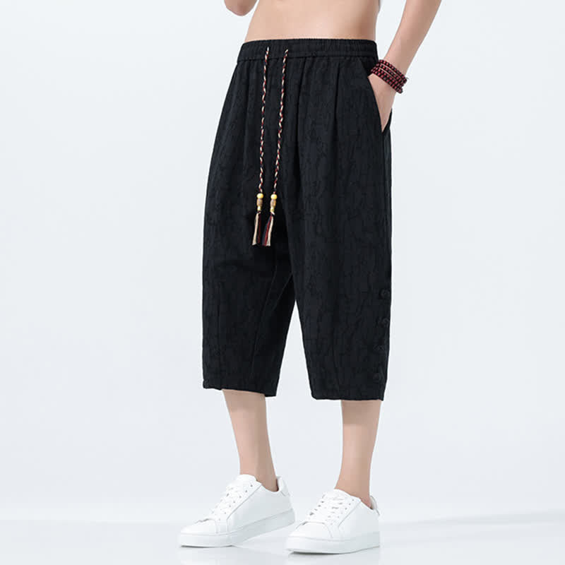Buddha Stones 夏用ドローストリング付き伸縮性ウエストメンズカプリ丈テーパードパンツ - image 5
