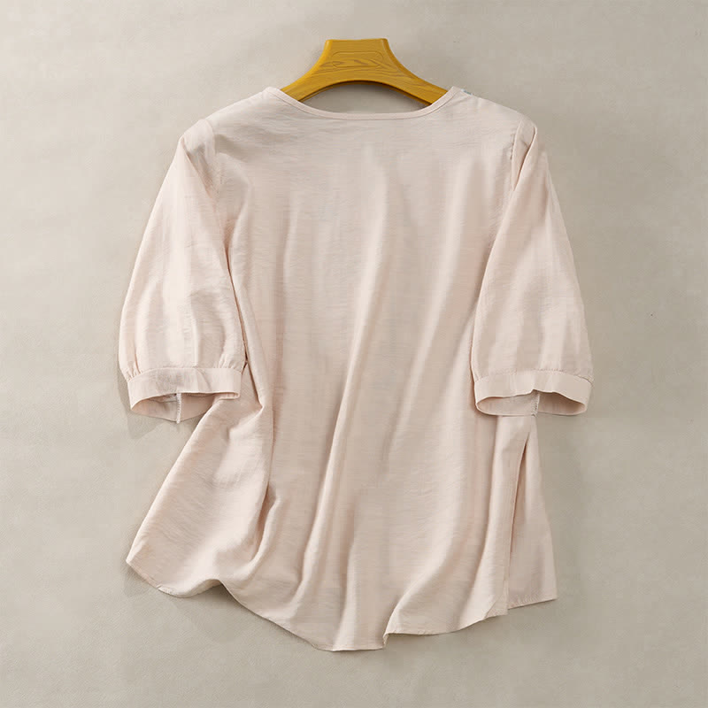 Buddha Stones 春らしいボヘミアン風刺繍入りコットンリネン素材の肘丈袖レディースTシャツ - image 14