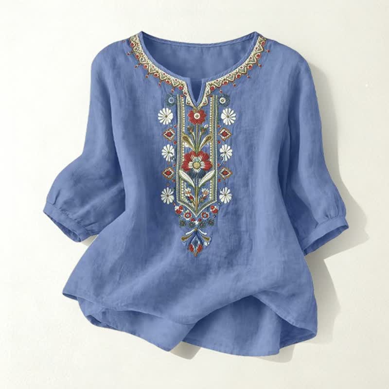 Buddha Stones 春らしいボヘミアン風刺繍入りコットンリネン素材の肘丈袖レディースTシャツ - デニムブルー - US16、 UK/AU20、 EU48 (3XL) - image 26
