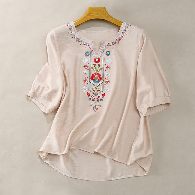 Buddha Stones 春らしいボヘミアン風刺繍入りコットンリネン素材の肘丈袖レディースTシャツ - ベージュ - US16、 UK/AU20、 EU48 (3XL) - image 13
