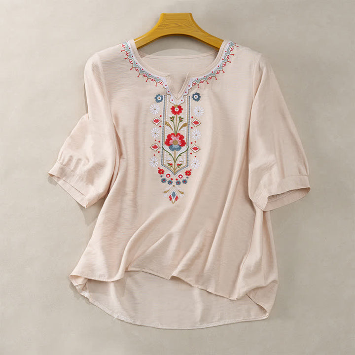 Buddha Stones 春らしいボヘミアン風刺繍入りコットンリネン素材の肘丈袖レディースTシャツ - ベージュ - US16、 UK/AU20、 EU48 (3XL) - image 13